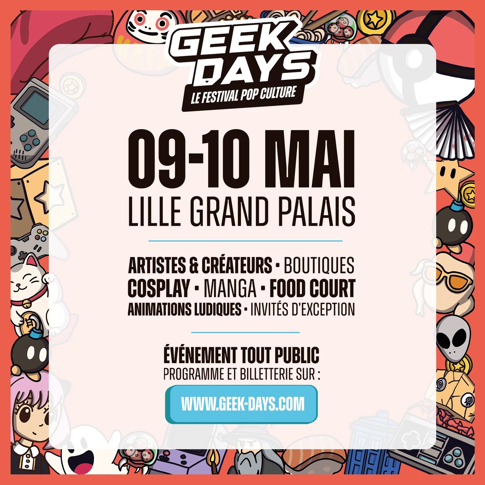Affiche officielle Geek Days Lille 9-10 mai 2026 avec logo et programme