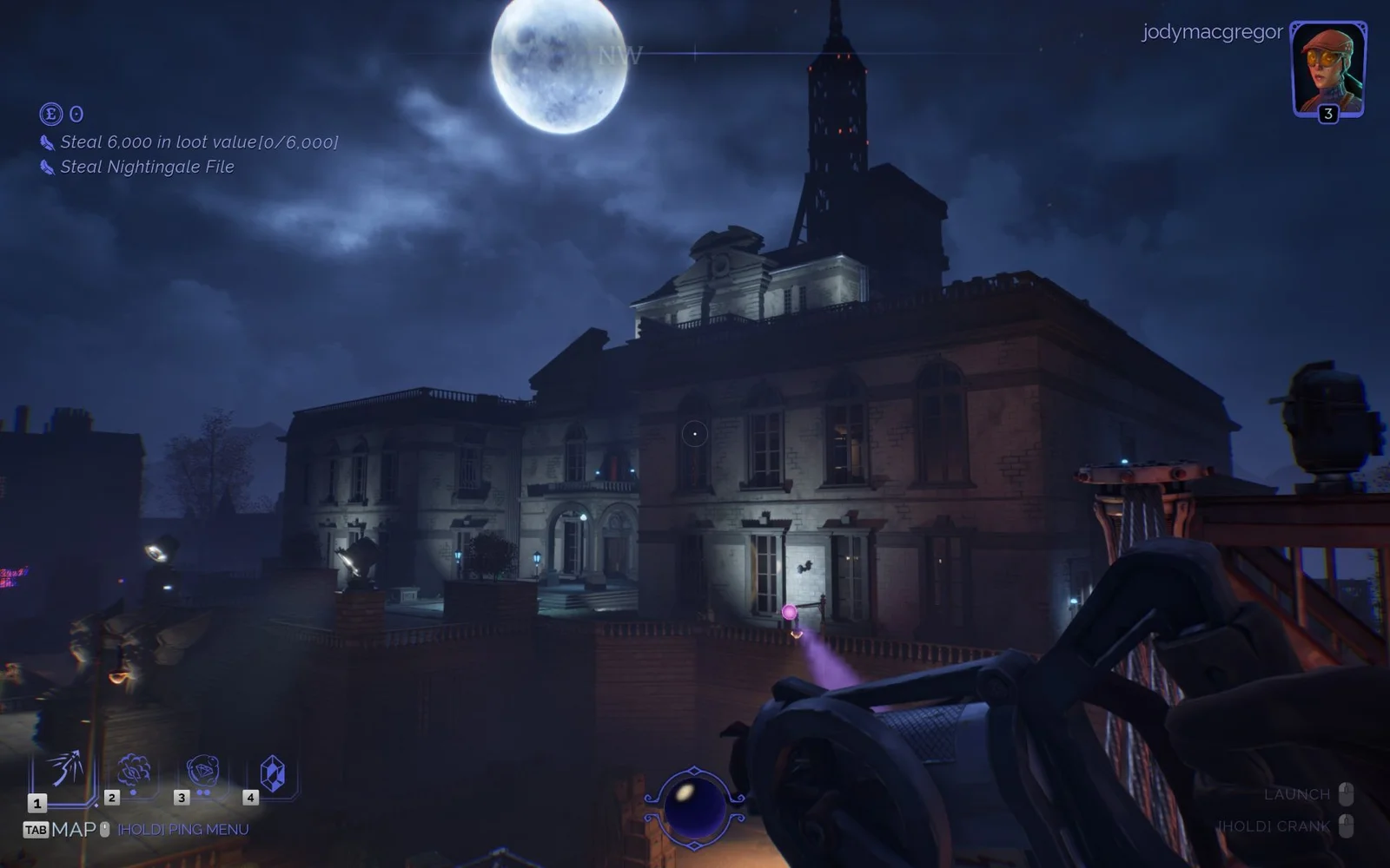 Capture d'écran de Thick as Thieves : le joueur observe un manoir victorien à la pleine lune avec interface de heist visible