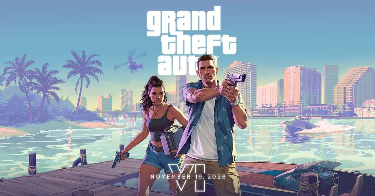 Le key art officiel de Grand Theft Auto VI publié par Rockstar Games, avec Jason et Lucia sur un ponton de Vice City et la mention November 19, 2026.