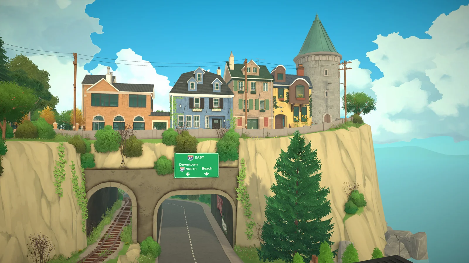 Capture de gameplay de Paralives montrant des personnages dans une ville côtière colorée