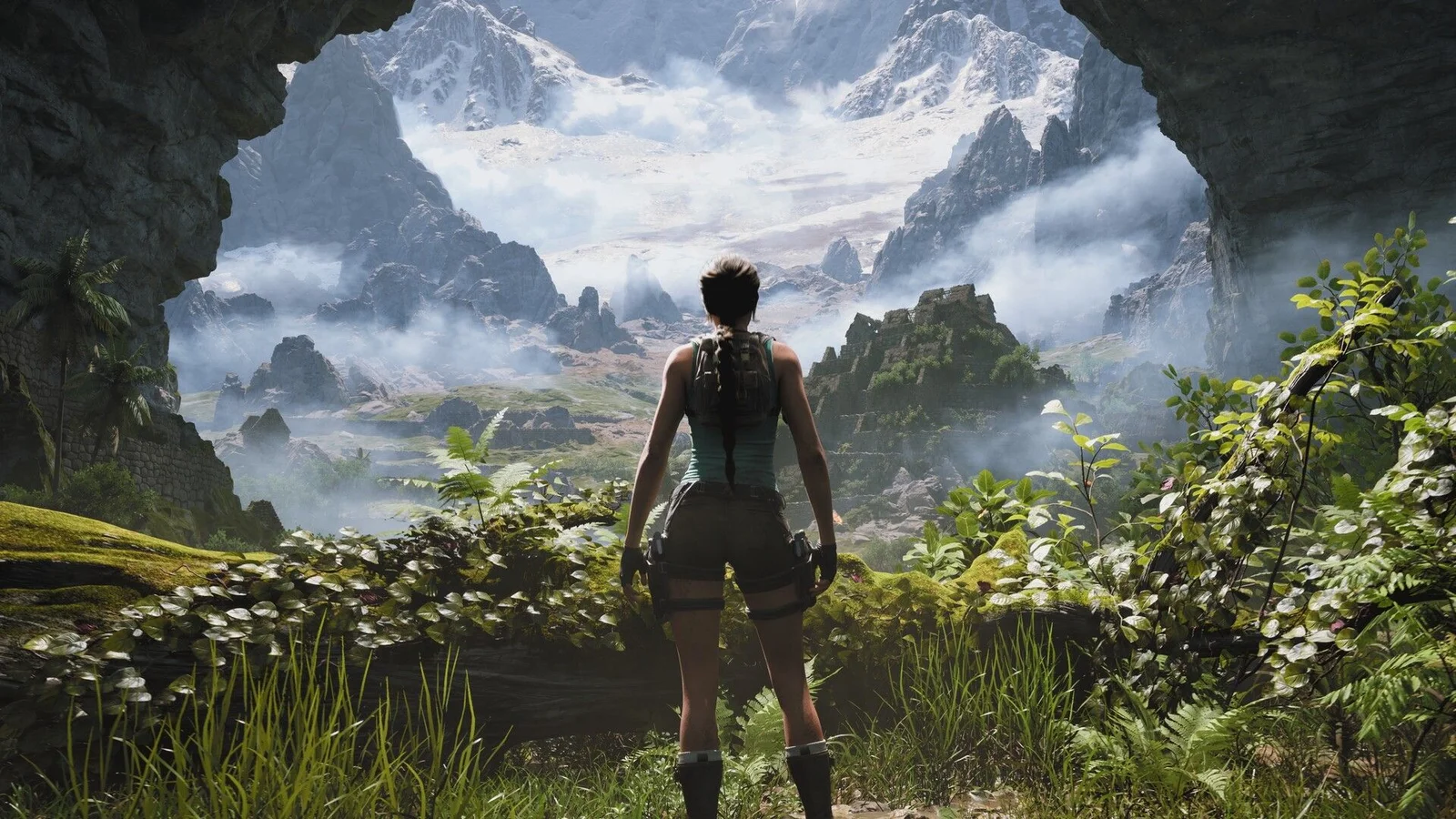 Lara Croft contemple un vaste paysage montagneux depuis l'entrée d'une grotte, dans une scène de Tomb Raider Legacy of Atlantis sous Unreal Engine 5