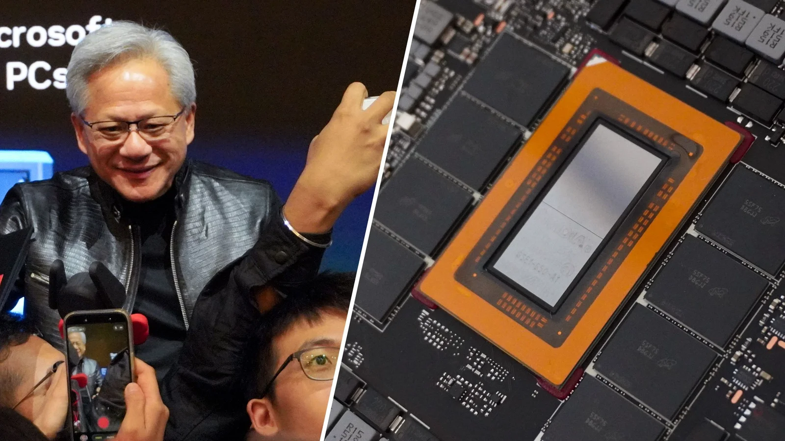 Jensen Huang sur scène au Computex 2026 à gauche, et un gros plan d'une puce Nvidia entourée de modules mémoire à droite