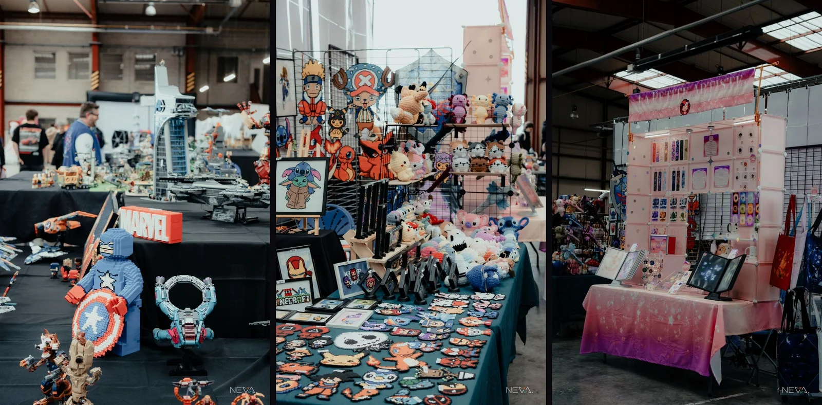 Stands variés à la Margny-Compiègne Geek Convention : figurines Marvel et Lego, peluches et goodies d'animés, accessoires kawaii