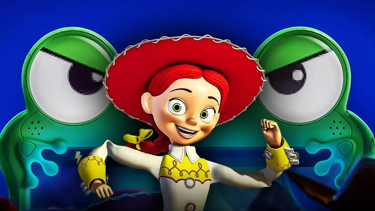 Jessie, la cowgirl de Toy Story 5, bras écartés devant la tablette Lilypad, le nouveau personnage du film Pixar