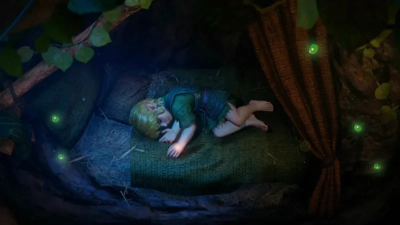 Link enfant endormi dans la forêt Kokiri, refonte visuelle du remake Ocarina of Time sur Switch 2
