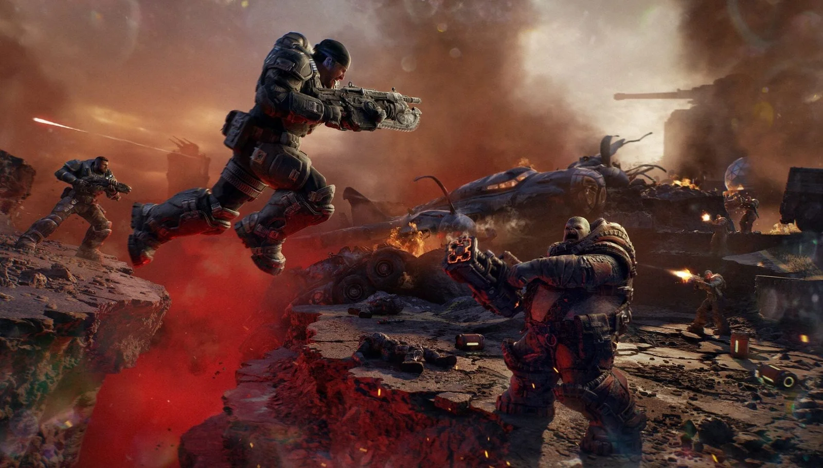 Soldats COG en plein combat contre la Locuste dans un décor dévasté de Gears of War: E-Day