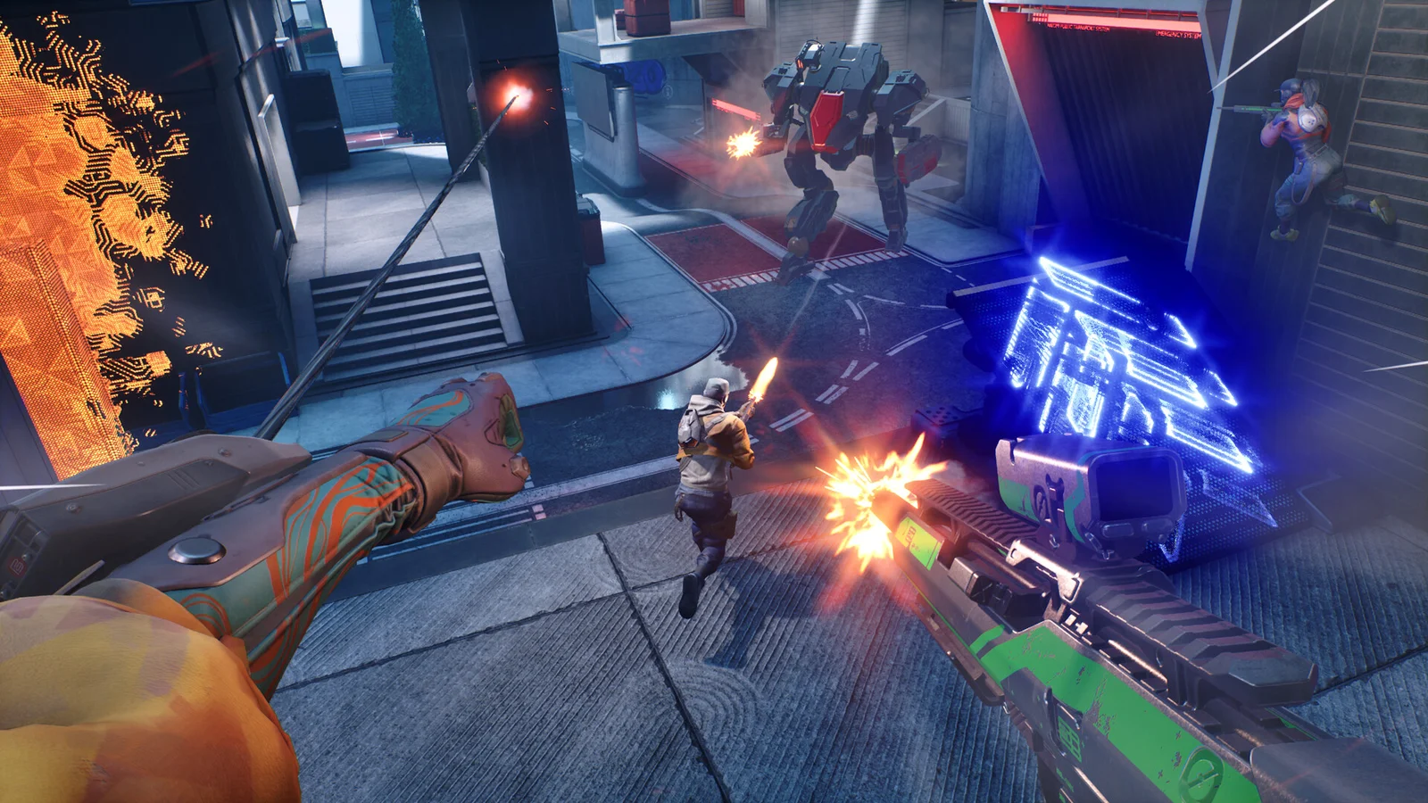 Combat en vue à la première personne dans Empulse, avec un mech et des surfaces graffées par les bombes P.A.I.N.T.