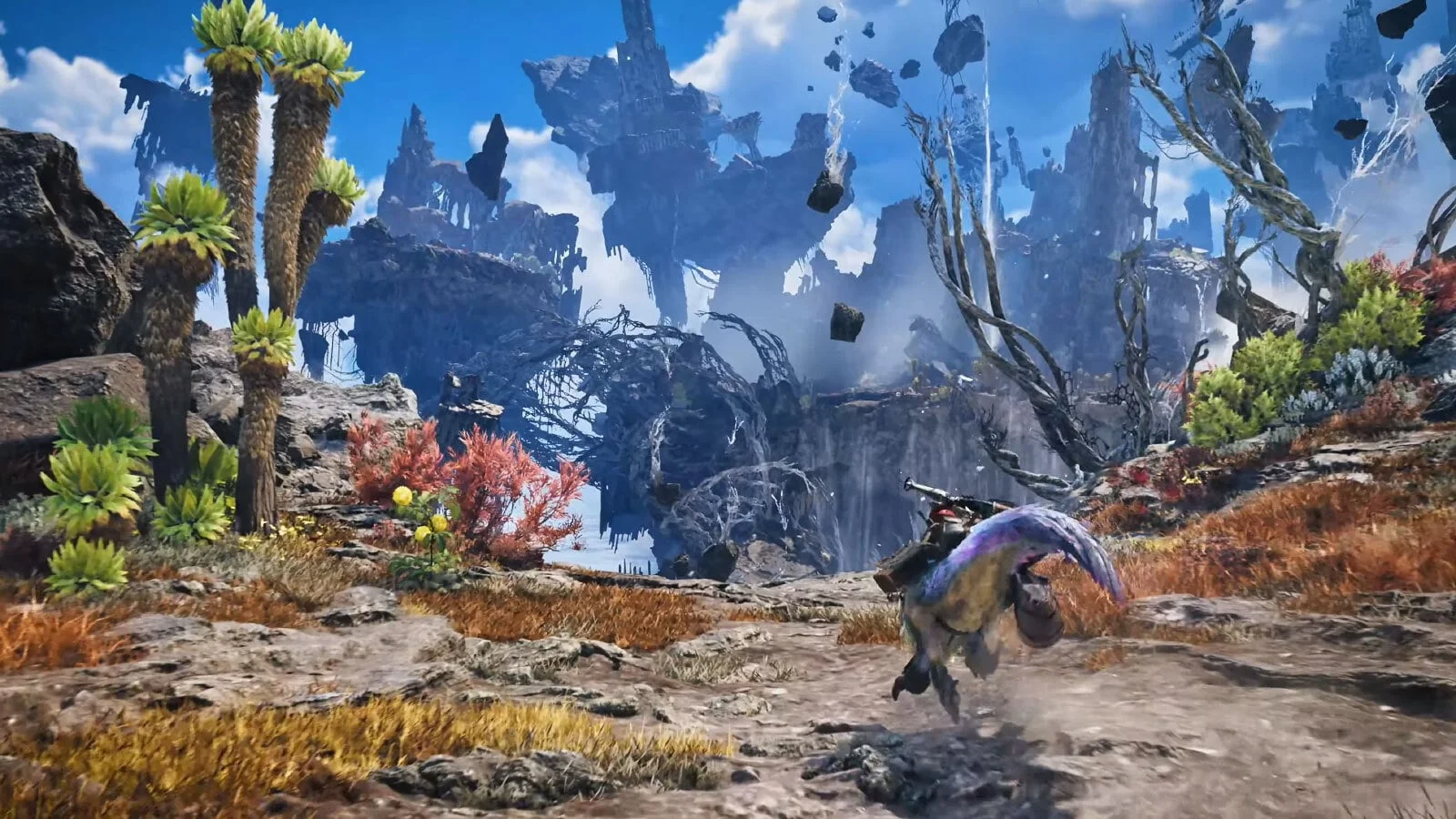 Un chasseur de Monster Hunter Wilds face à un monstre dans une zone aride, extrait de la présentation Ascendance