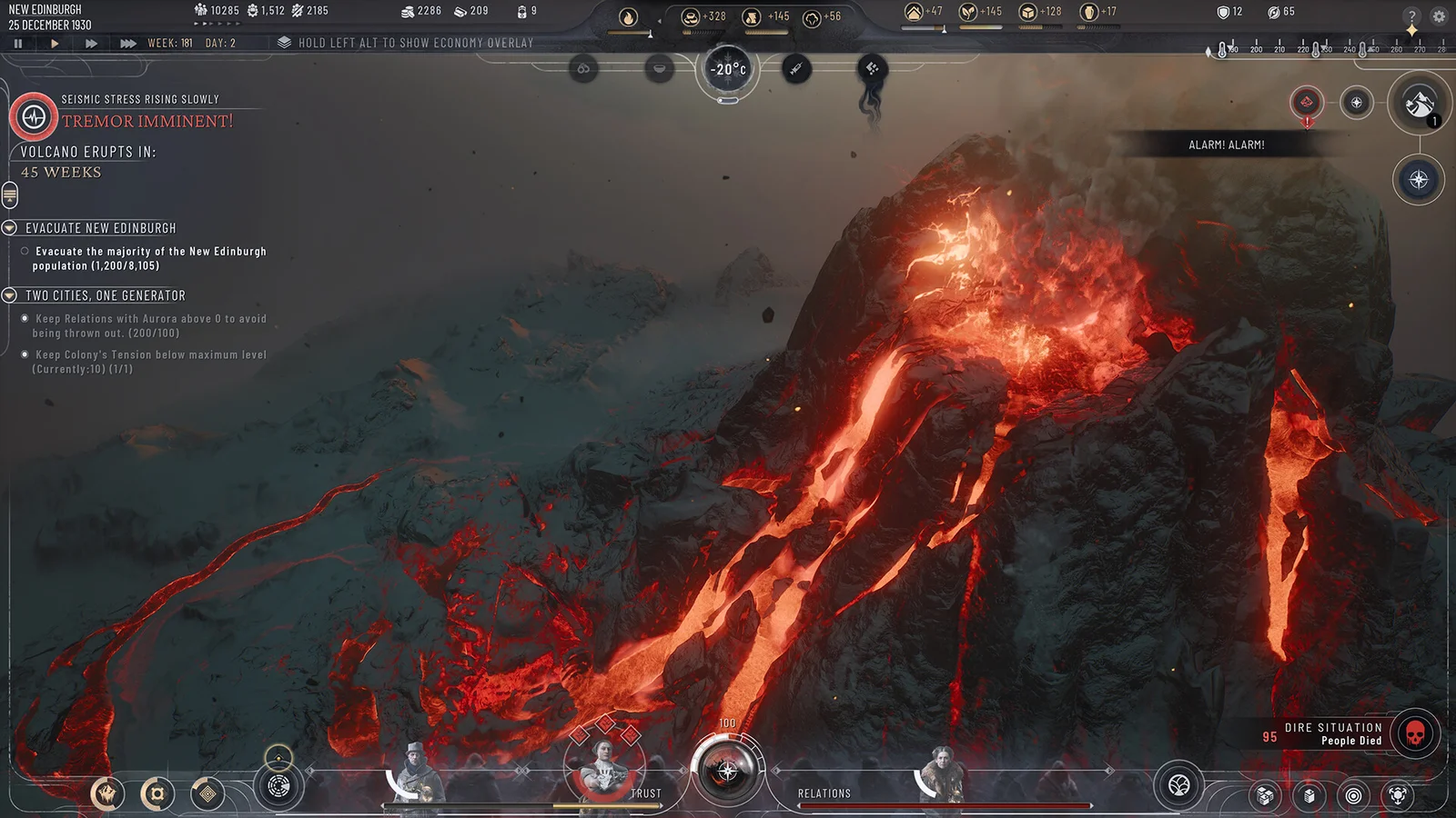 Capture d'écran de Frostpunk 2 montrant le volcan en éruption au-dessus de New Edinburgh avec l'alerte « Tremblement imminent »
