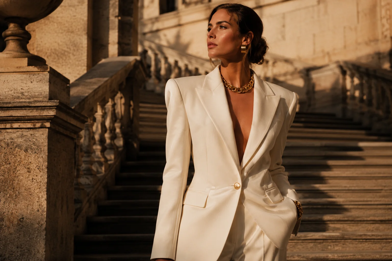 Une silhouette minimaliste en blazer blanc dans un escalier, l'esthétique quiet luxury que la Gen Z délaisse