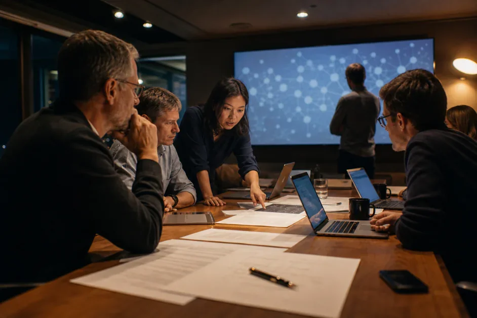 Une équipe de recherche réunie autour d'une table de travail dans un laboratoire d'intelligence artificielle
