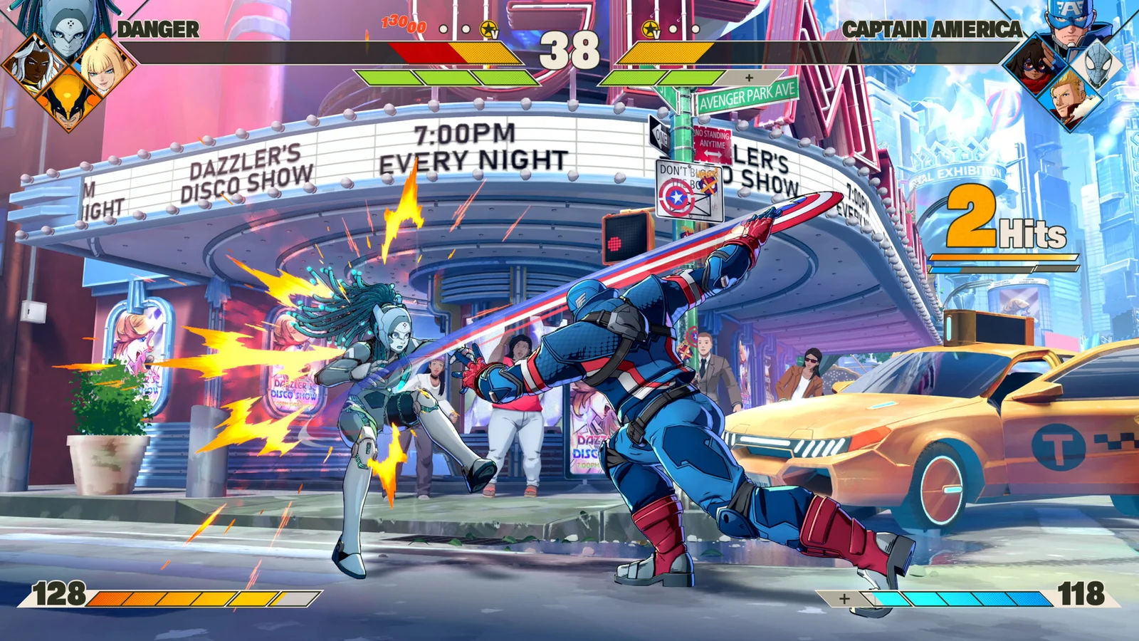 Combat entre Danger et Captain America dans Marvel Tōkon : Fighting Souls, avec les portraits des équipes 4v4 en haut de l'écran