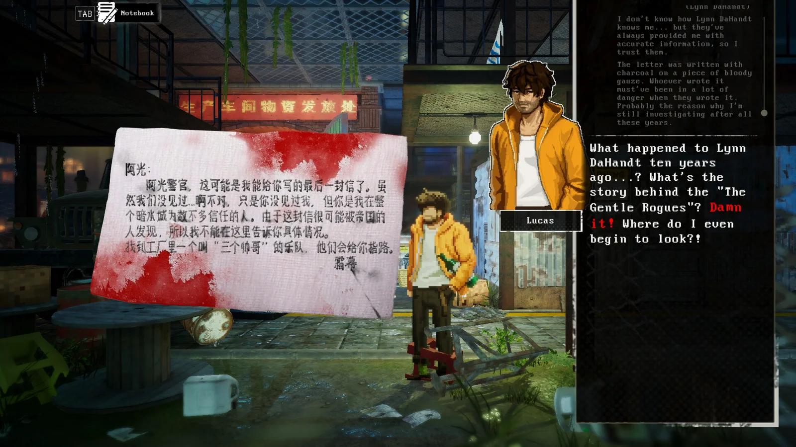 Lucas examine une lettre ensanglantée dans Kill The Shadow, avec le carnet d'enquête ouvert