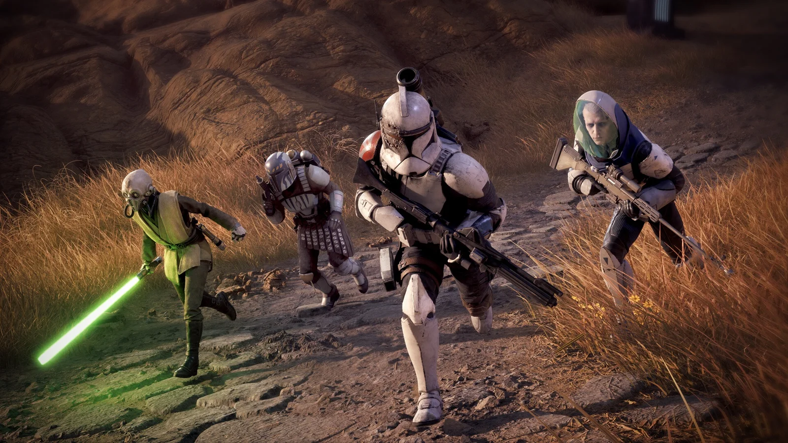 L'escouade de Zero Company en mission : un Jedi, un Mandalorien, un clone trooper et un sniper progressent en terrain découvert