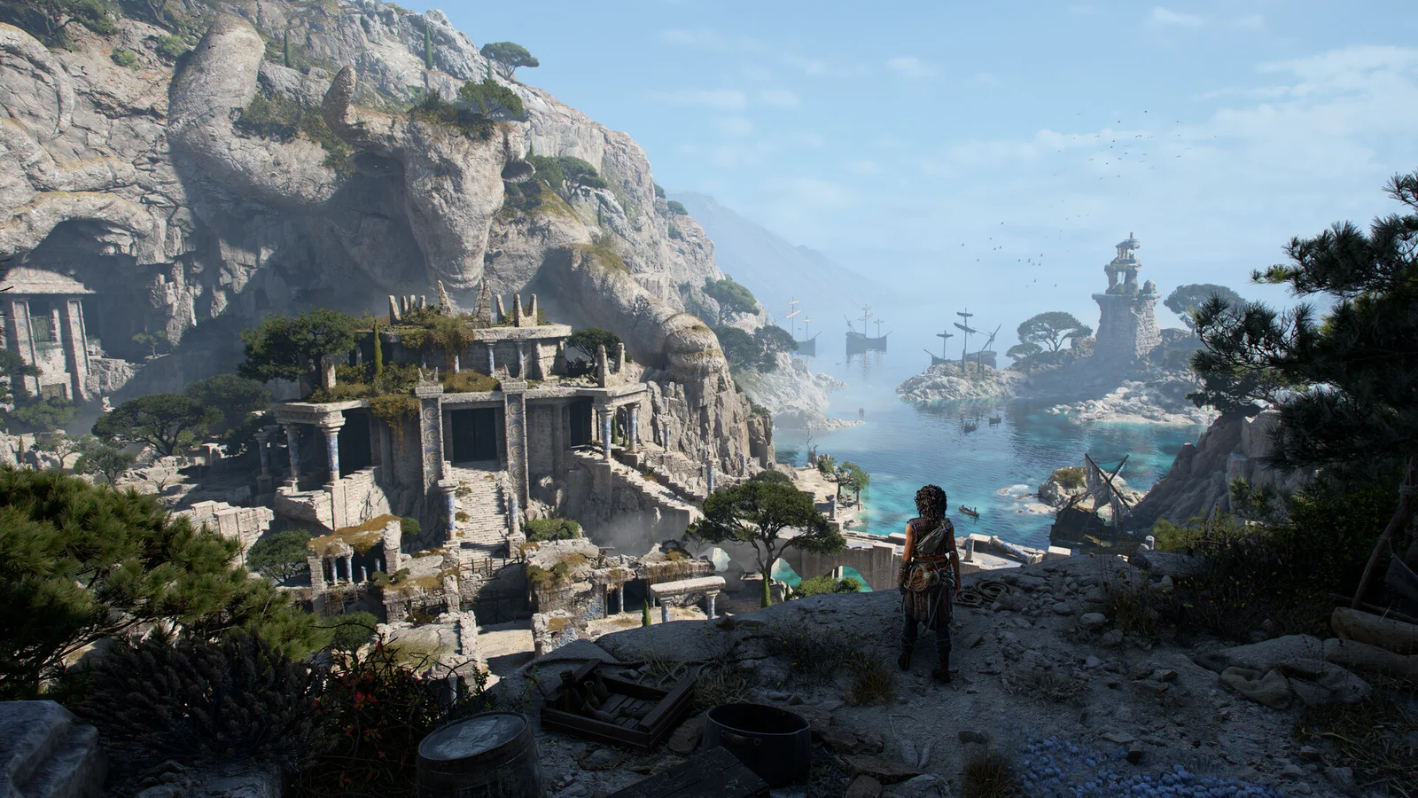Sophia face à une baie méditerranéenne et des ruines antiques dans Resonance: A Plague Tale Legacy