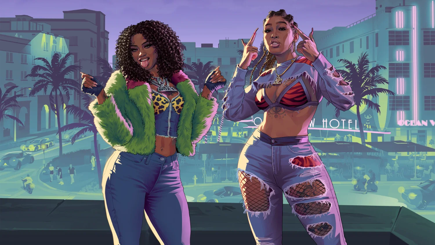 Artwork officiel de Grand Theft Auto VI devant l'Ocean View Hotel de Vice City