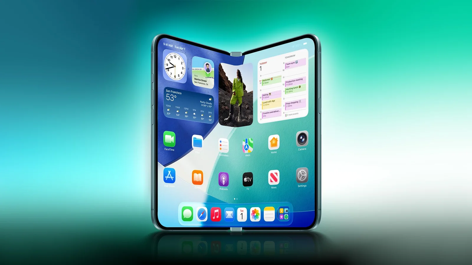 Rendu non officiel de l'iPhone pliable ouvert en format livre, avec une interface façon iPad