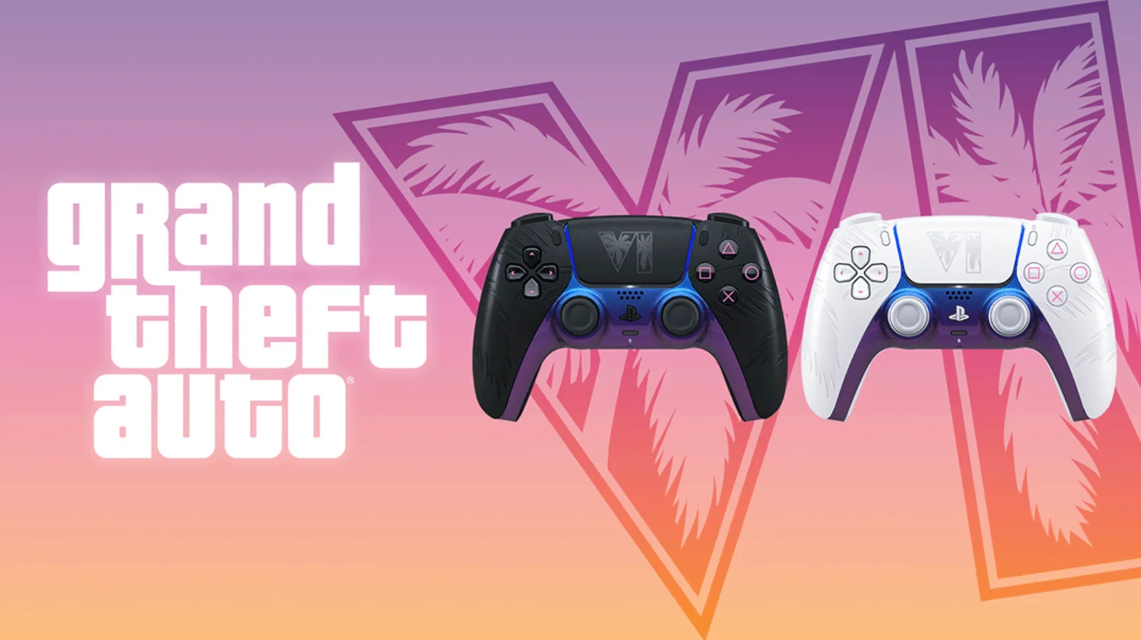 Les deux manettes DualSense en édition limitée Grand Theft Auto VI, la noire aux reflets néon et la blanche façon aube, avec les palmiers moulés dans les poignées