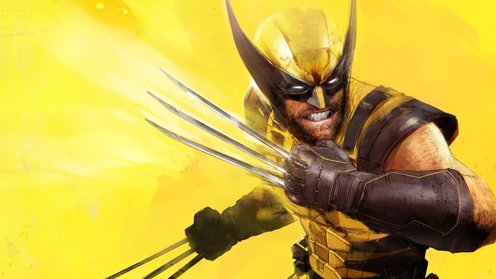 Illustration officielle de Marvel's Wolverine : Logan en costume jaune et marron, griffes sorties, sur fond jaune