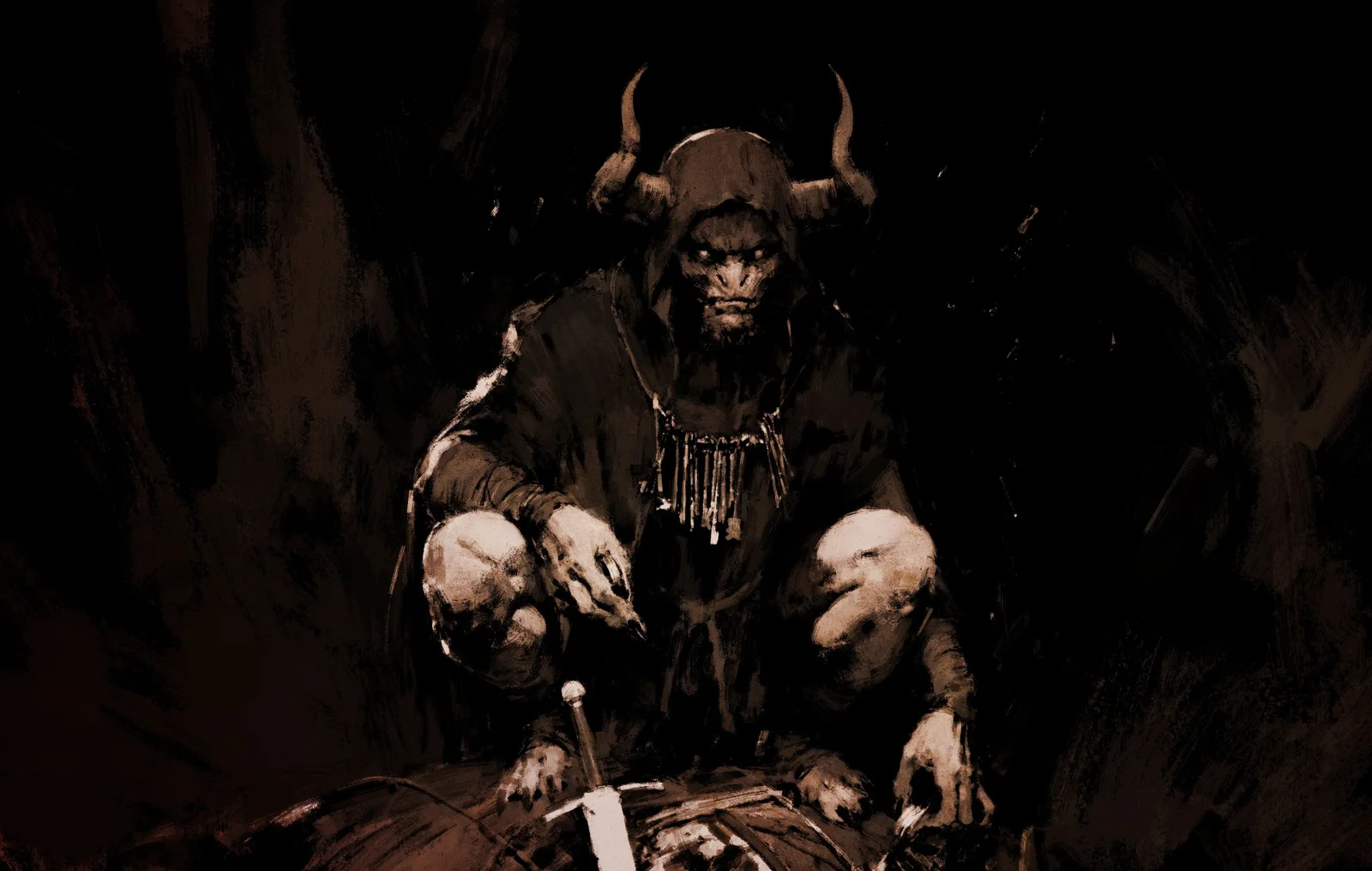 Illustration officielle de Diablo V : une créature cornue assise sur un trône, une épée plantée devant elle.
