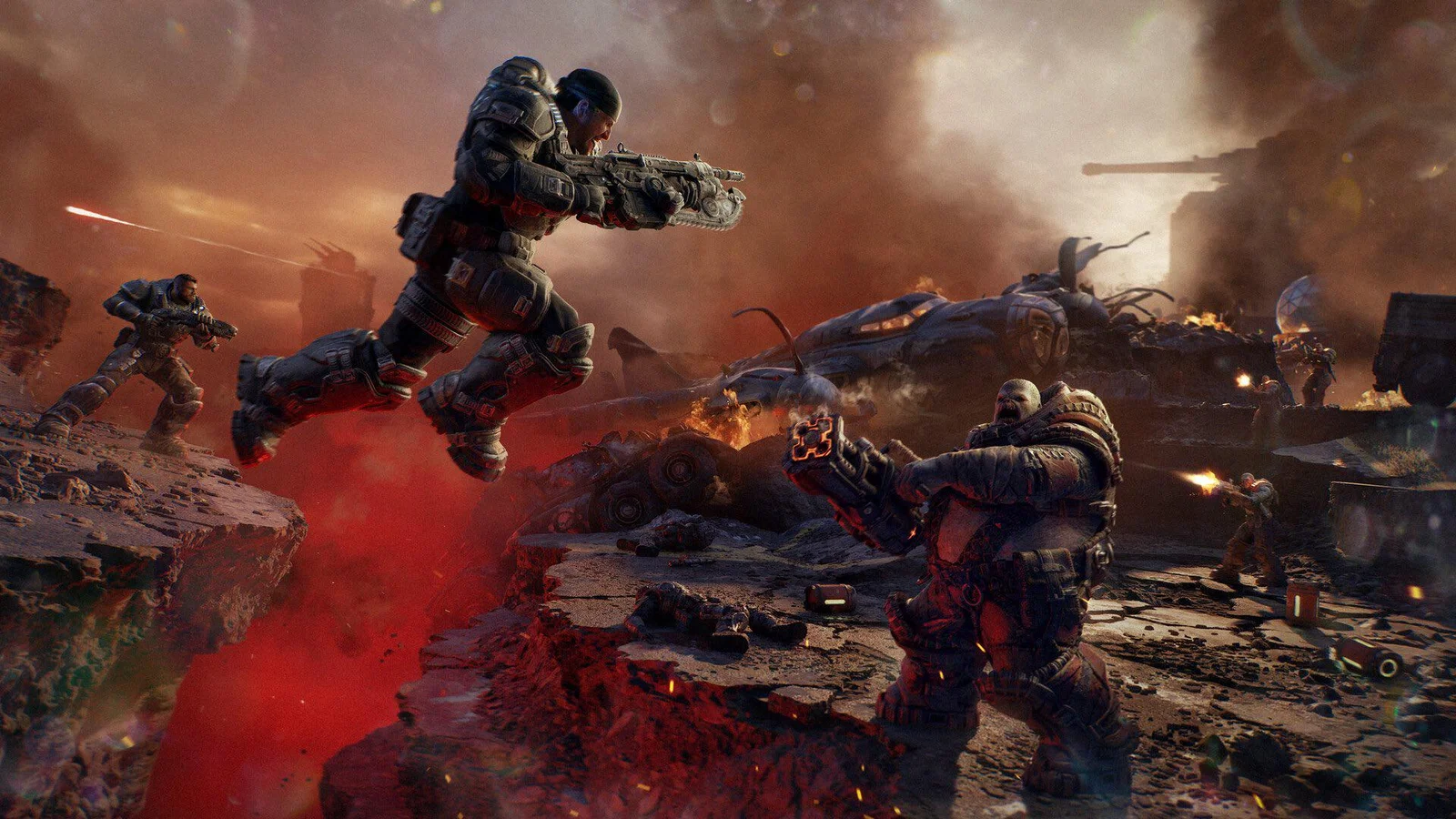 Marcus Fenix bondit au-dessus d'une crevasse face à un Locuste dans Gears of War: E-Day
