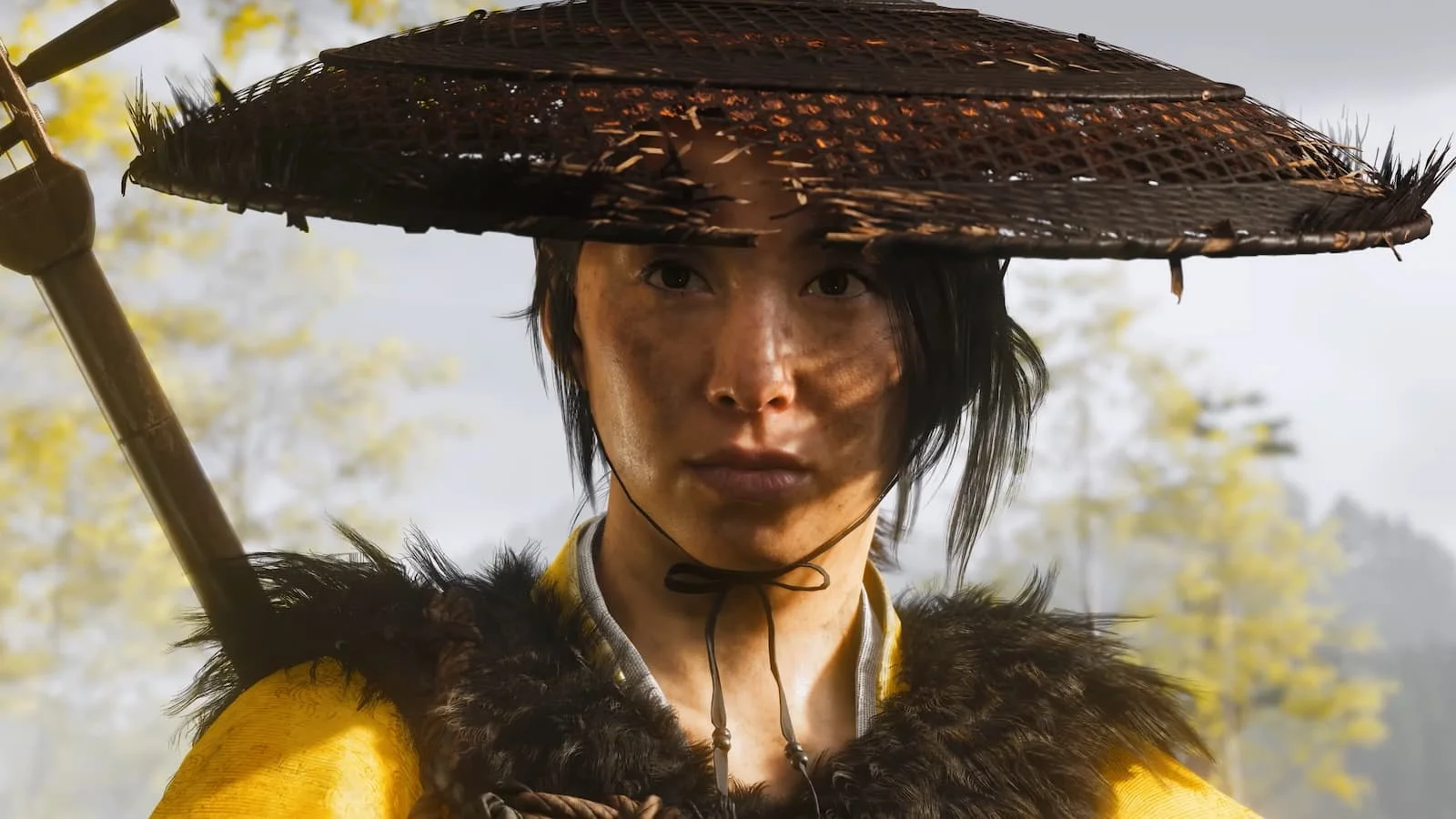Atsu, chapeau de paille et regard droit, héroïne de Ghost of Yōtei