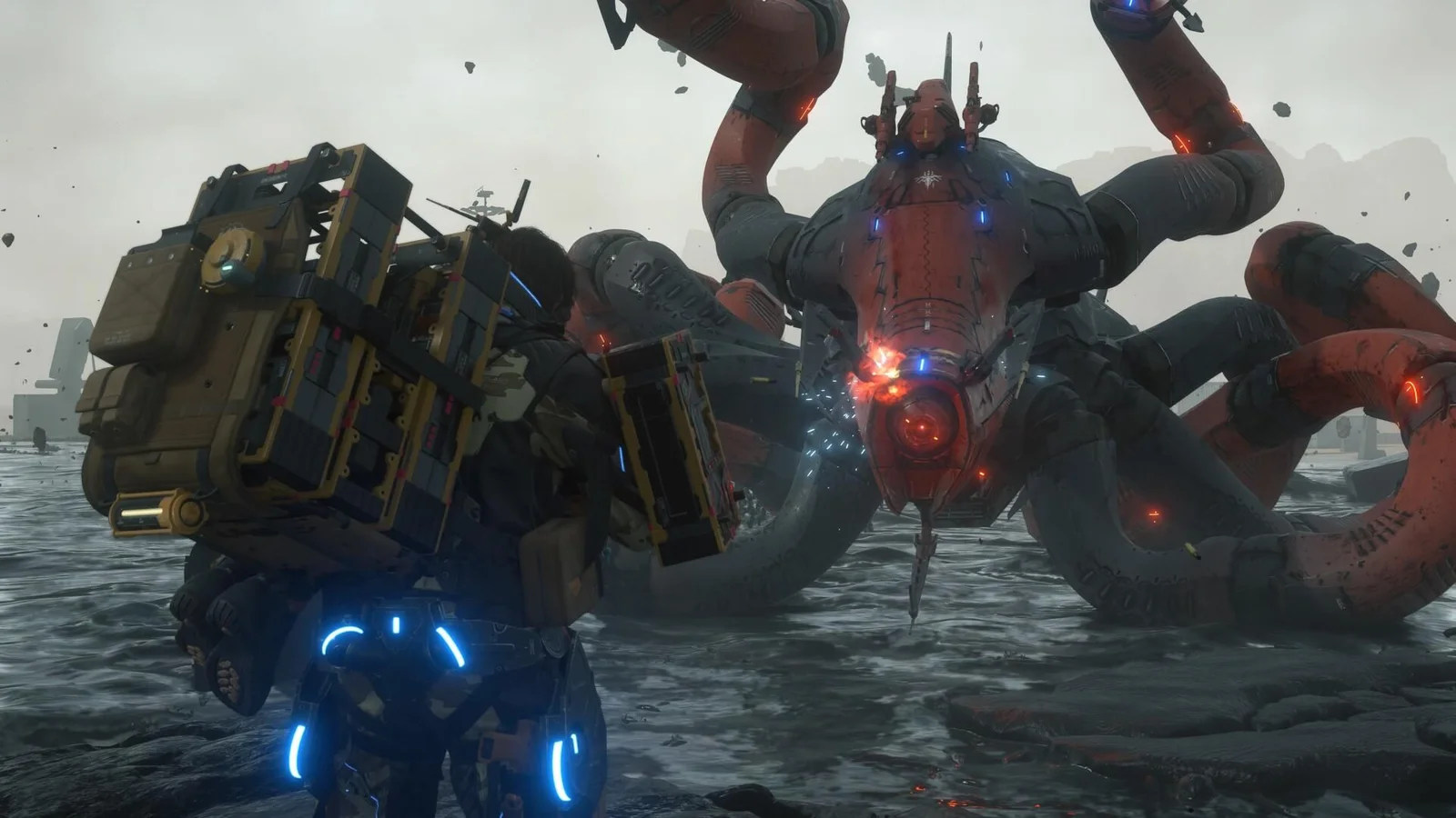 Sam face à un gigantesque gardien mécanique dans Death Stranding 2