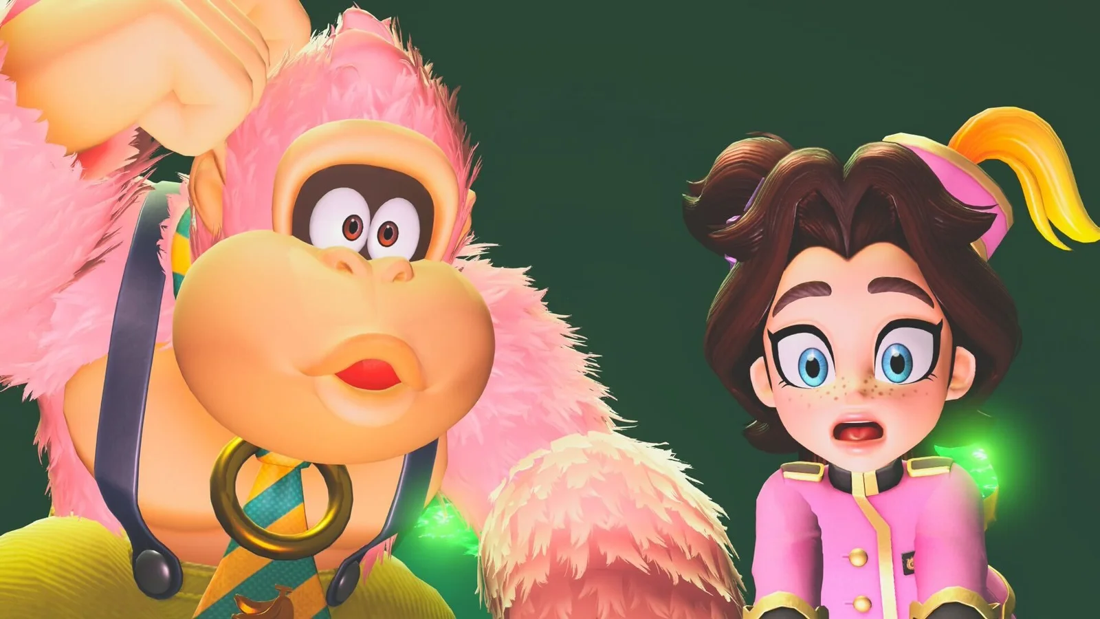 Donkey Kong repeint en rose et Pauline stupéfaite dans Donkey Kong Bananza