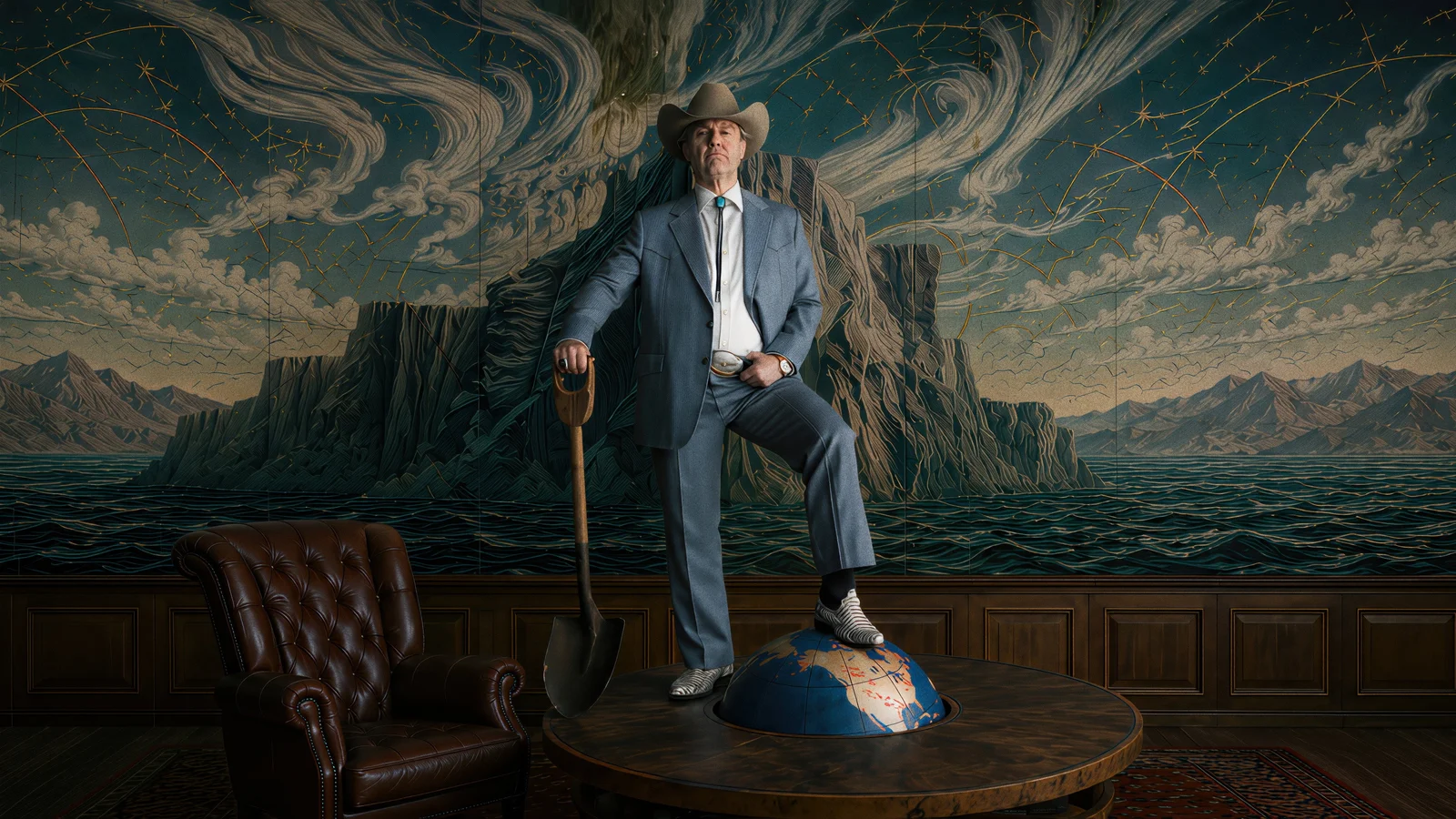 Tom Cruise en Digger Rockwell, chapeau de cow-boy et costume bleu, une pelle à la main et le pied posé sur un globe terrestre, devant une fresque de glacier